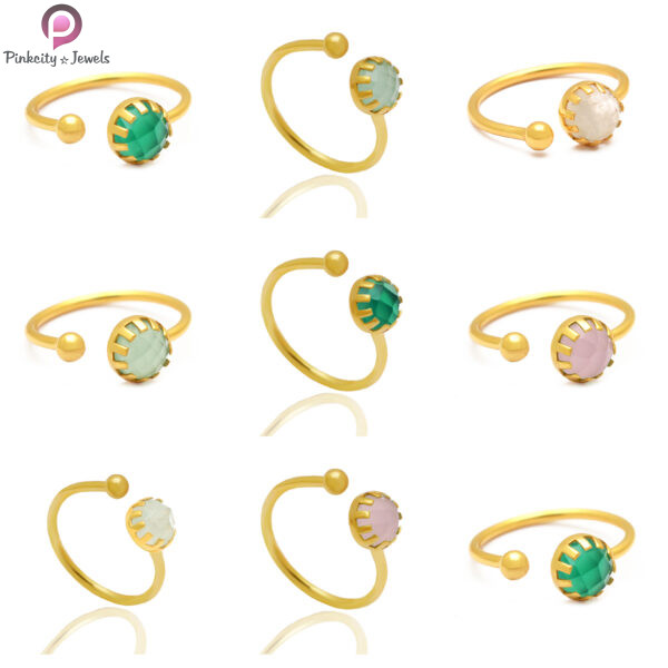 Aqua Chalcedony Faceted Silver Gold Plated Adjustable Ring - Image 3