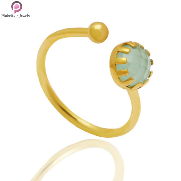 Aqua Chalcedony Faceted Silver Gold Plated Adjustable Ring