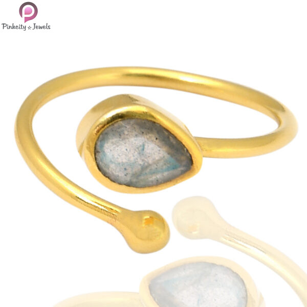 Labradorite Gemstone Silver Gold Plated Adjustable Ring - Image 2