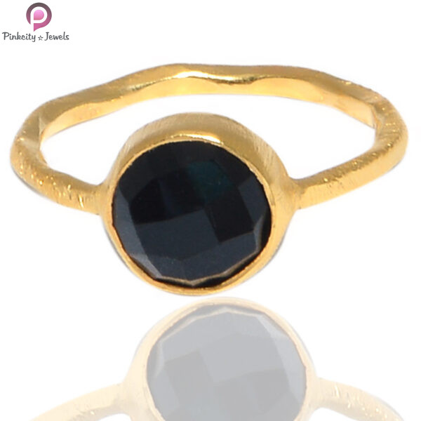 Black Onyx Silver Gold Plated Matte And Hammered Finish Surface Ring - Image 2
