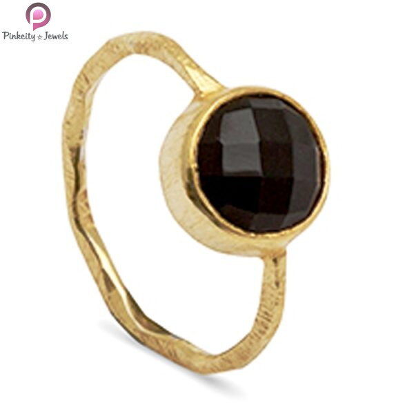 Black Onyx Silver Gold Plated Matte And Hammered Finish Surface Ring