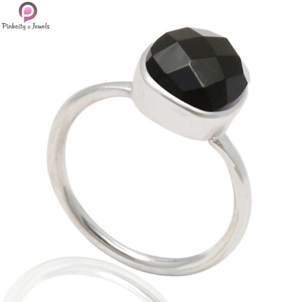 Black Onyx Faceted Gemstone Silver Gold Plated Ring - Image 2