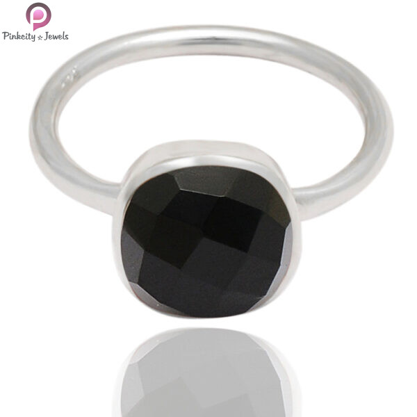 Black Onyx Faceted Gemstone Silver Gold Plated Ring - Image 3