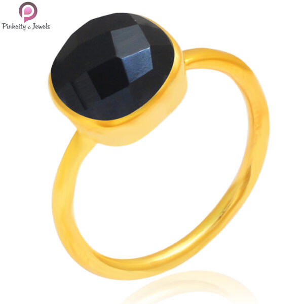 Black Onyx Faceted Gemstone Silver Gold Plated Ring
