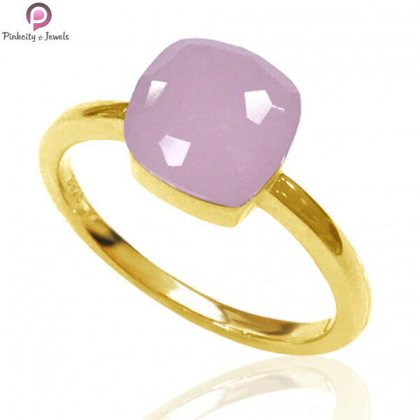 Rose Quartz Faceted Gemstone Silver Gold Plated Ring