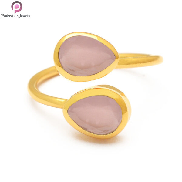 Aqua Chalcedony Gemstone Silver Gold Plated Adjustable Ring - Image 2