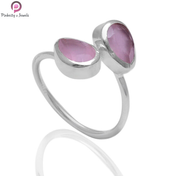 Aqua Chalcedony Gemstone Silver Gold Plated Adjustable Ring - Image 3