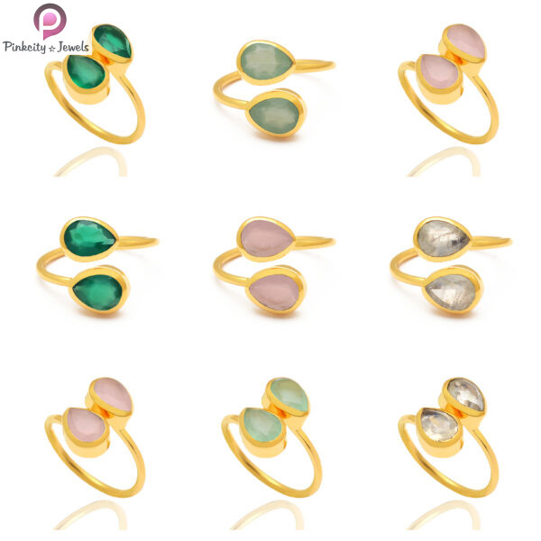 Aqua Chalcedony Gemstone Silver Gold Plated Adjustable Ring - Image 4