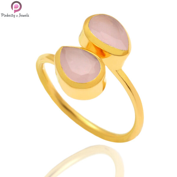 Aqua Chalcedony Gemstone Silver Gold Plated Adjustable Ring