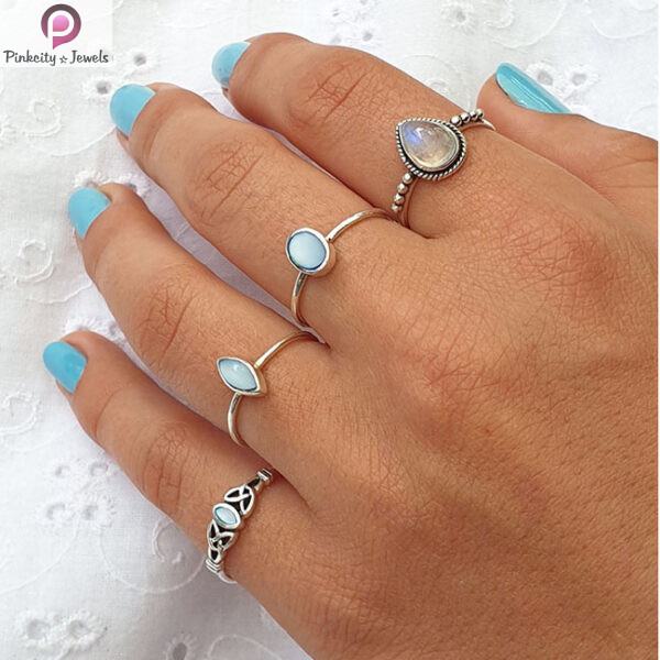 Blue Chalcedony Marquise Shape Gemstone Silver Small Ring - Image 2