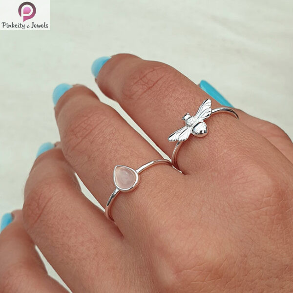 Rose Quartz Gemstone Silver Small Ring - Image 2