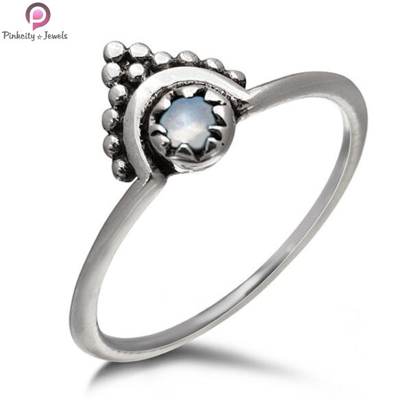 Rainbow Moonstone Gemstone Small Crown Silver Ring