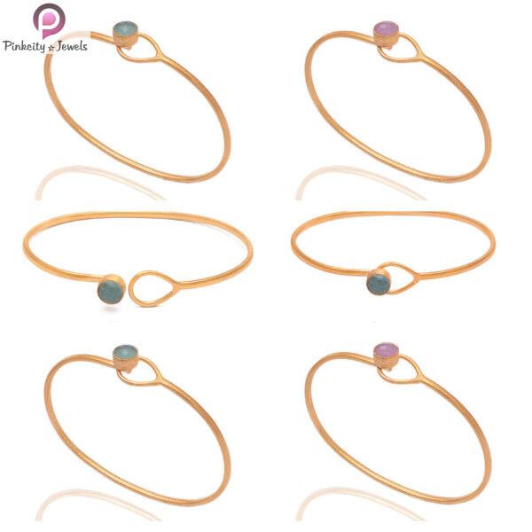 Rainbow Moonstone Gemstone Gold Plated Silver Matte Finish Bangle - Image 3