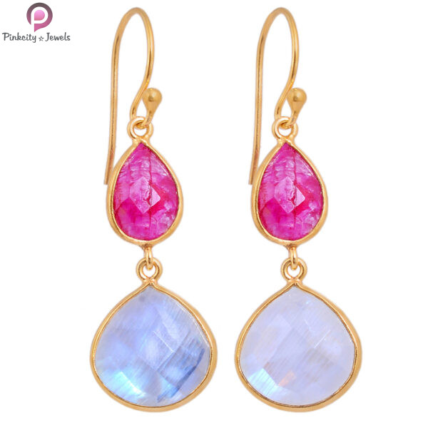 Rainbow Moonstone Gold Plated 925 Sterling Silver Earring - Image 2