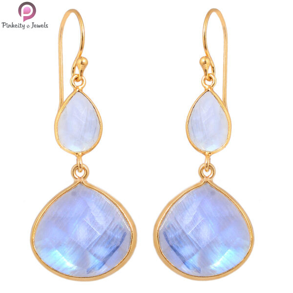 Rainbow Moonstone Gold Plated 925 Sterling Silver Earring
