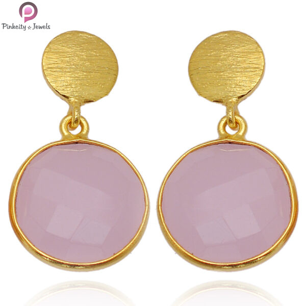 Pink Chalcedony Gold Plated 925 Sterling Silver Earring