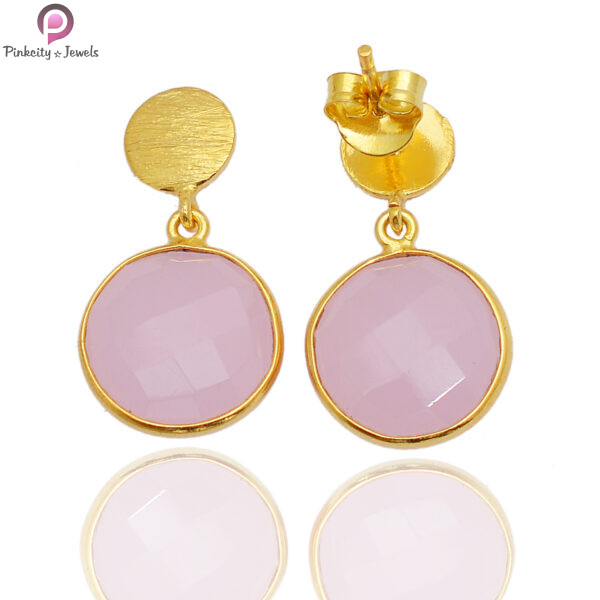 Pink Chalcedony Gold Plated 925 Sterling Silver Earring - Image 2
