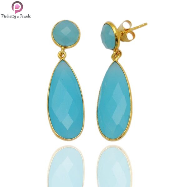 Aqua Chalcedony Gold Plated 925 Sterling Silver Earring - Image 2