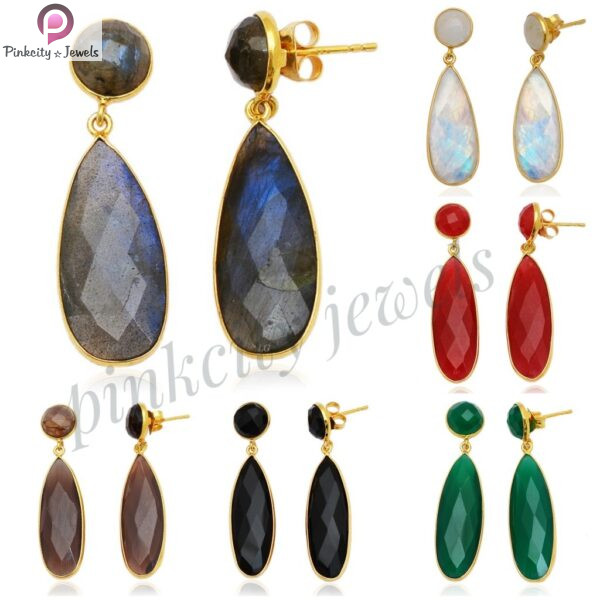 Aqua Chalcedony Gold Plated 925 Sterling Silver Earring - Image 4
