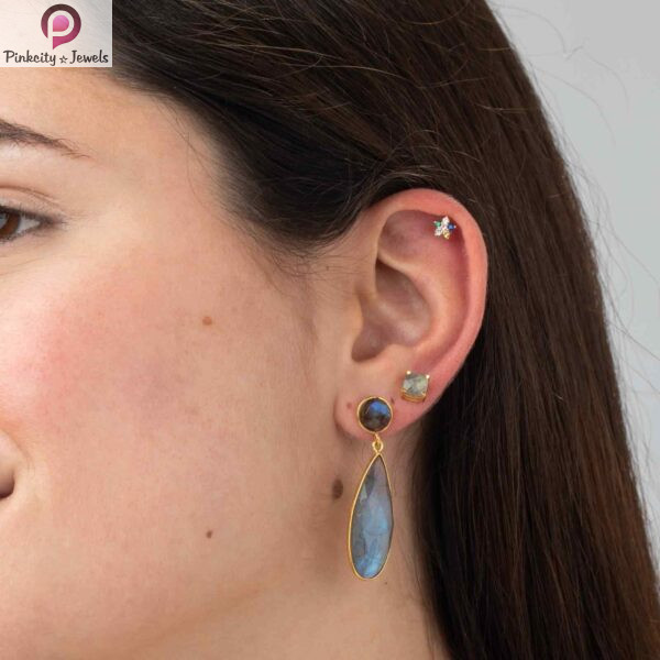 Aqua Chalcedony Gold Plated 925 Sterling Silver Earring - Image 3