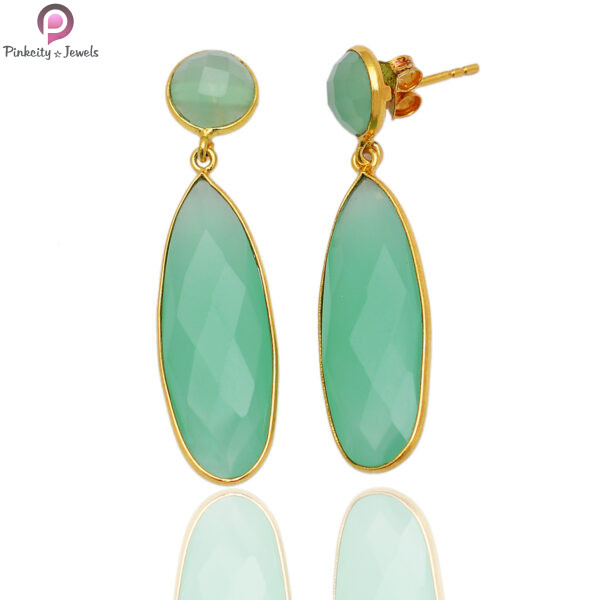 Aqua Chalcedony Gold Plated 925 Sterling Silver Earring