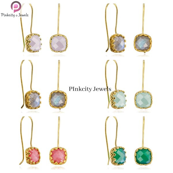 Square Shape Faceted Gemstone Gold Plated Silver Earring - Image 3