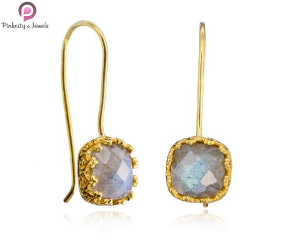 Square Shape Faceted Gemstone Gold Plated Silver Earring