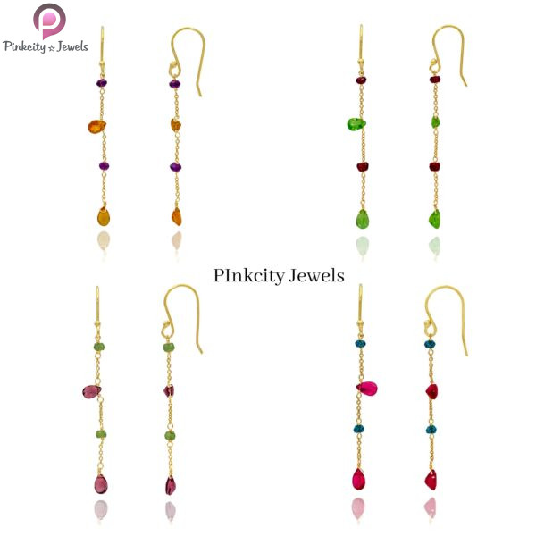 Ruby And London Blue Topaz Gemstone Chain Gold Plated Silver Earring - Image 4