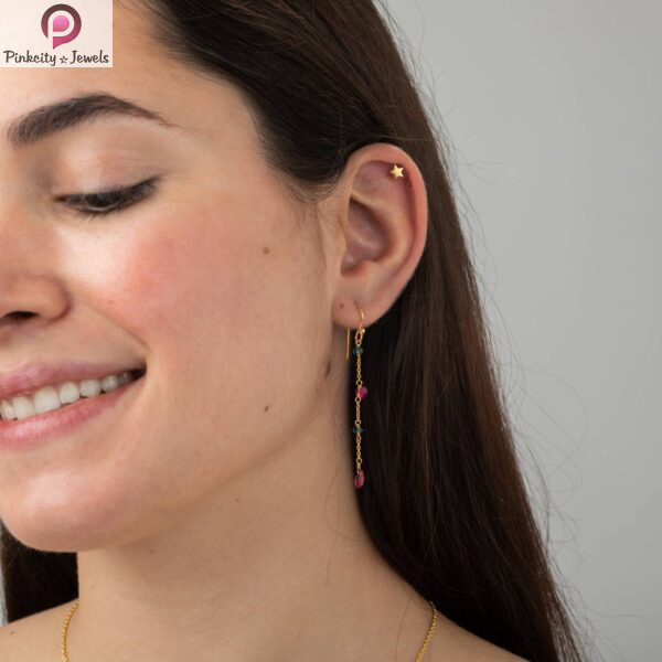 Ruby And London Blue Topaz Gemstone Chain Gold Plated Silver Earring - Image 3