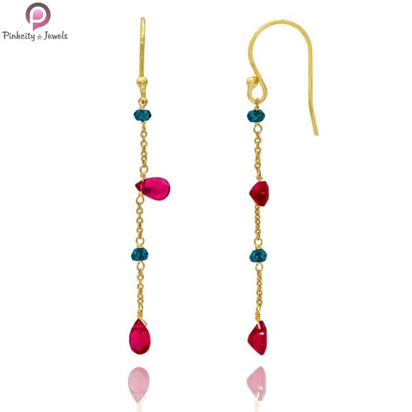 Ruby And London Blue Topaz Gemstone Chain Gold Plated Silver Earring