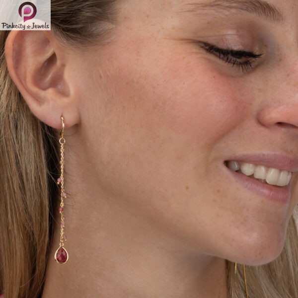 Pink Teardrop 925 silver Gold Plated Gemstone Earring - Image 2