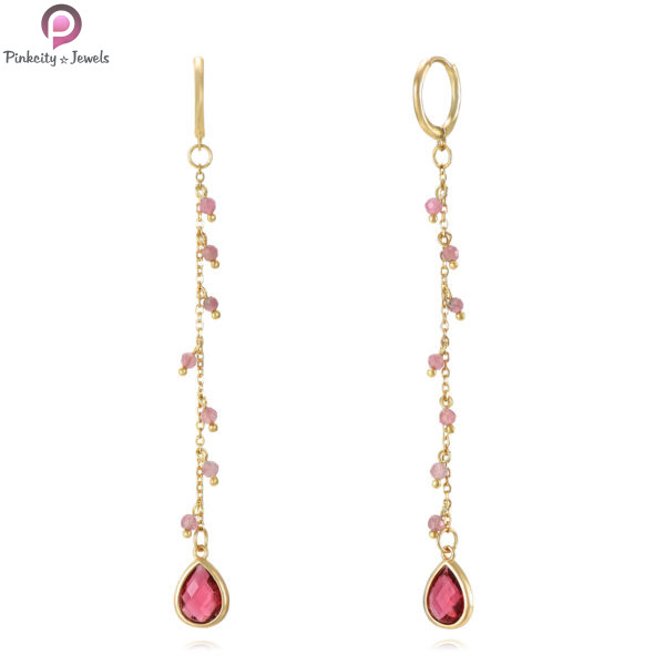 Pink Teardrop 925 silver Gold Plated Gemstone Earring