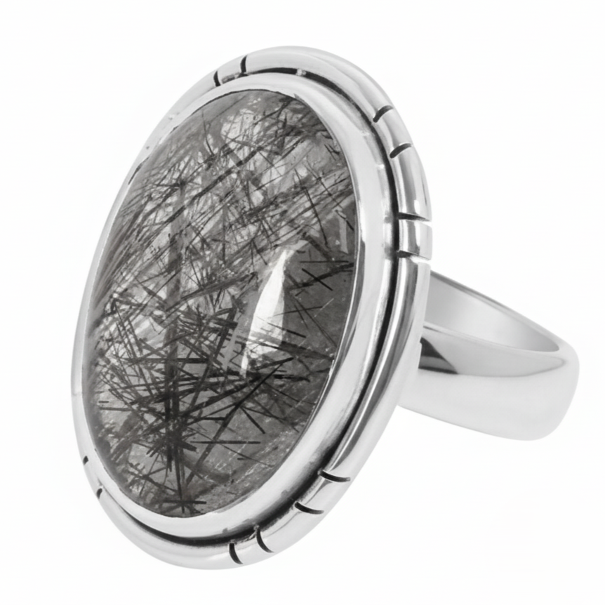 Natural Black rutile Gemstone 925 Sterling Silver Ring