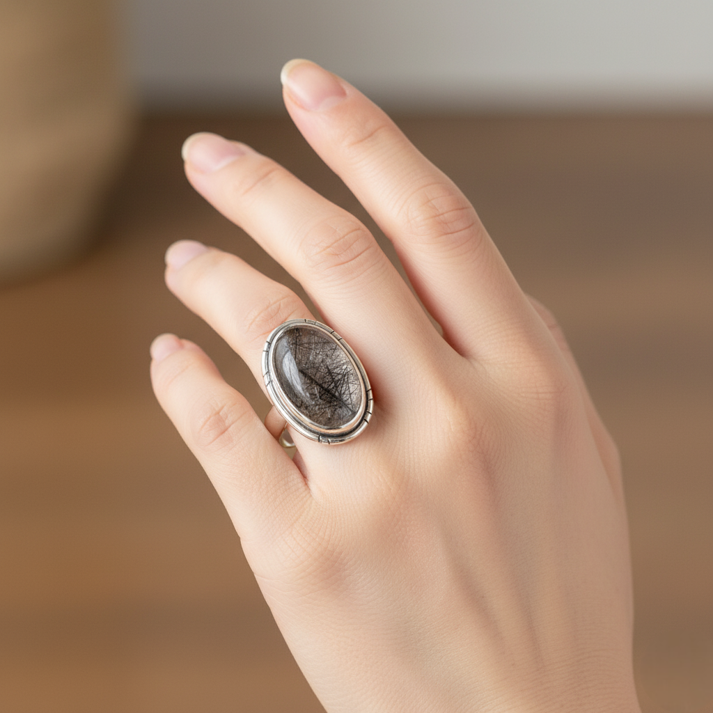 Natural Black rutile Gemstone 925 Sterling Silver Ring - Image 2