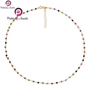 Multi turmaline beaded gold plated chain necklace