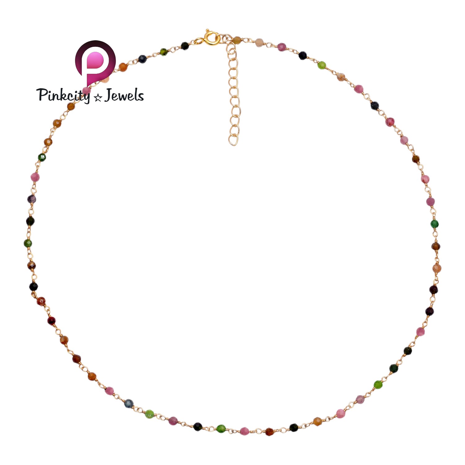 Multi turmaline beaded gold plated chain necklace