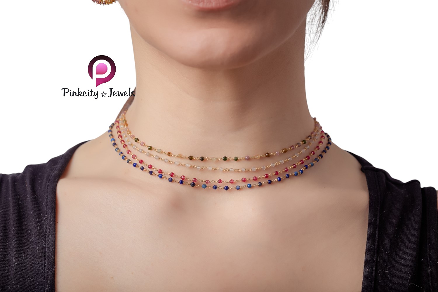 Multi turmaline beaded gold plated chain necklace - Image 2