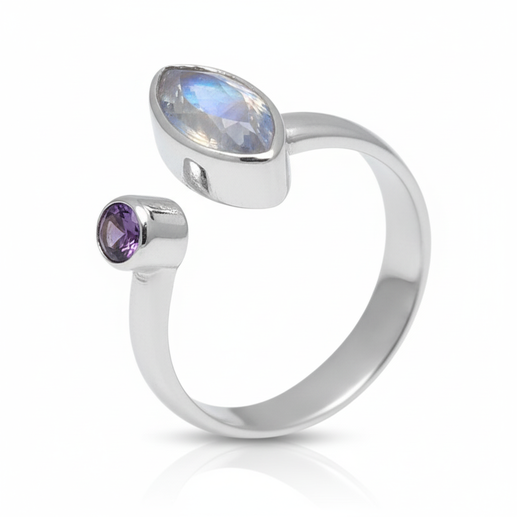 Multy Gemstone Adjustable18k Gold Plated Silver Ring - Image 3