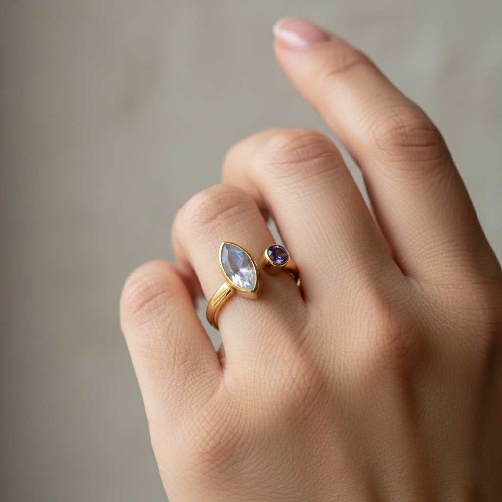 Multy Gemstone Adjustable18k Gold Plated Silver Ring - Image 2