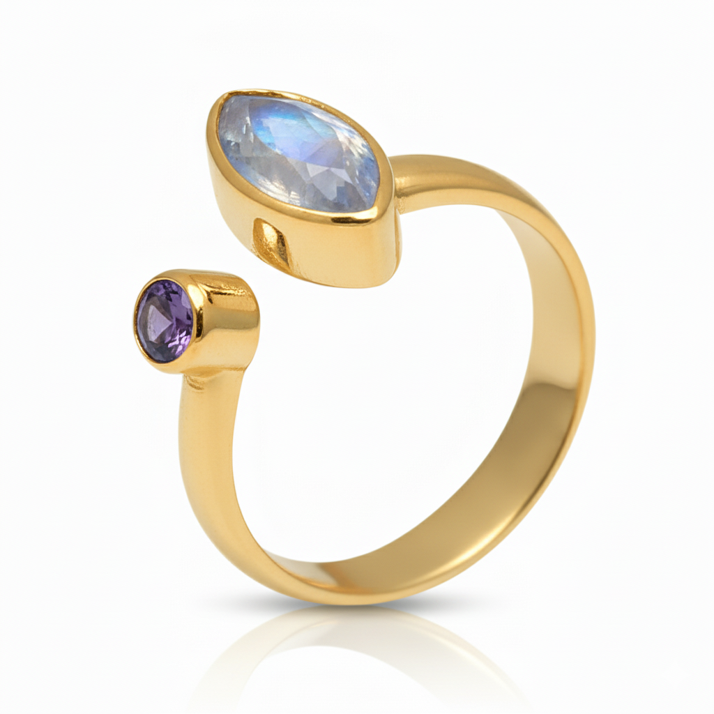 Multy Gemstone Adjustable18k Gold Plated Silver Ring