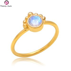 Gold plated sterling silver rainbow moonstone ring with blue flash gemstone on white background PR1128 1