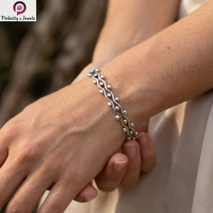 Minimalist Oxidized Silver Open Cuff Bracelet with Beaded Vine Design