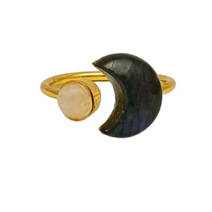 Celestial Labradorite Crescent Moon & Rainbow Moonstone Ring – Open Wrap Gemstone Band